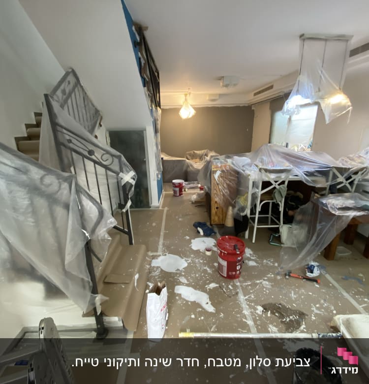 חדר עם ציוד לצביעה, דליים ומברשות על הרצפה.